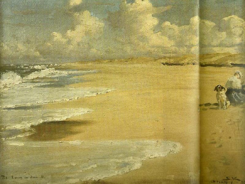 stenbjerg strand med kunstnerens hustru marie kroyer malende, Peter Severin Kroyer